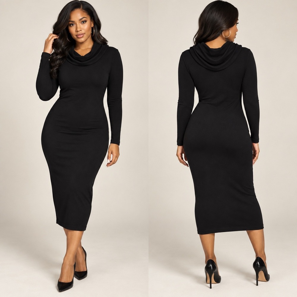 Tart Black Long Sleeve Cowl Neck Midi Knit Dress XS Fitted LBD Minimalist
